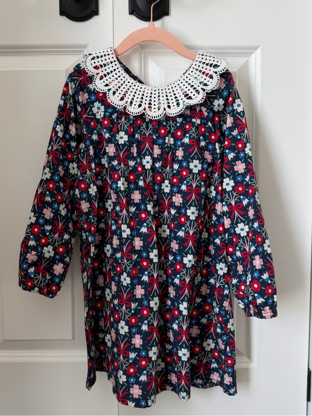 Maison Me Navy Floral Long Sleeve Dress with Crochet Collar